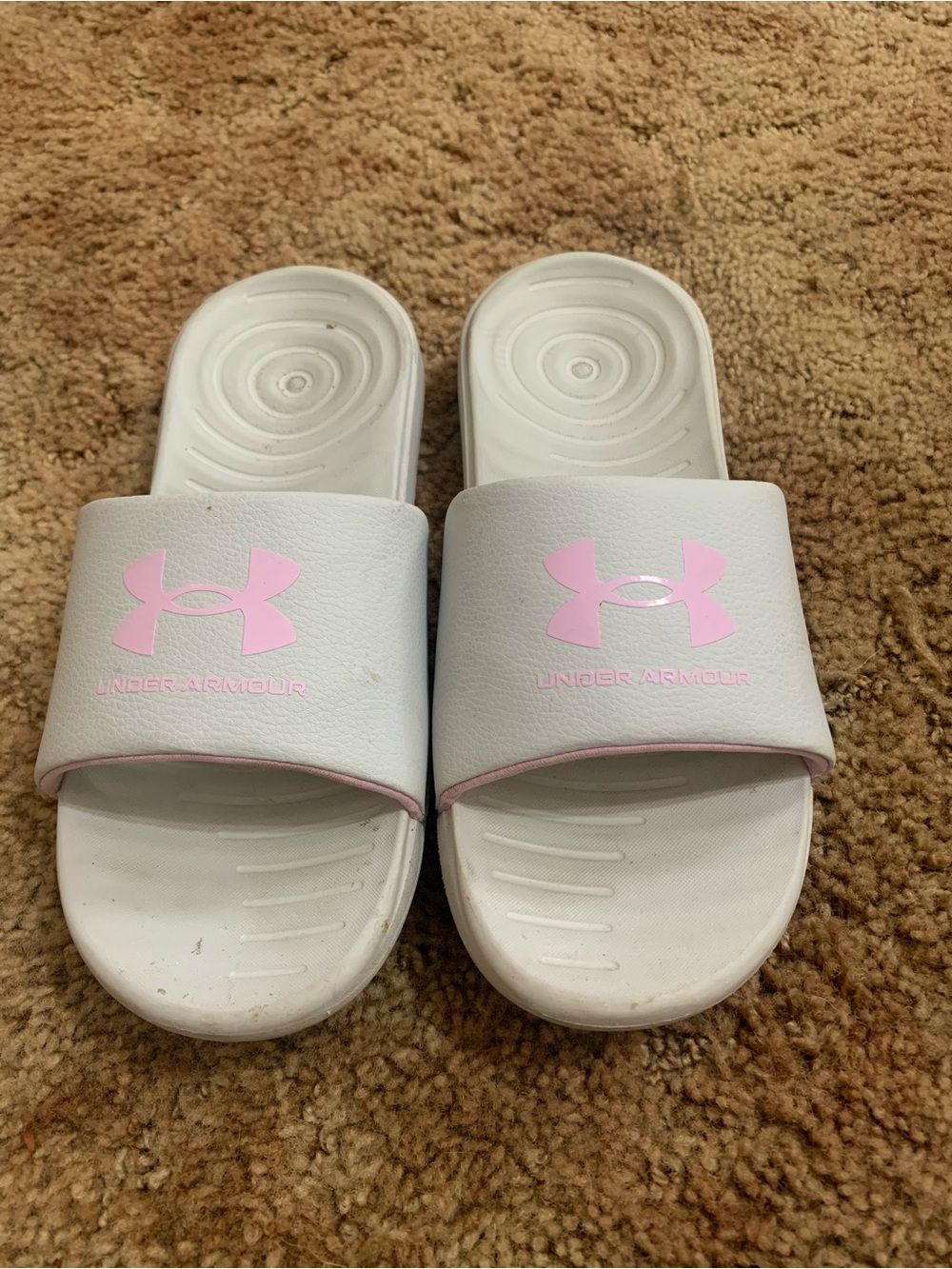 Under Armour White Slide Sandals with Pink Logo Accents